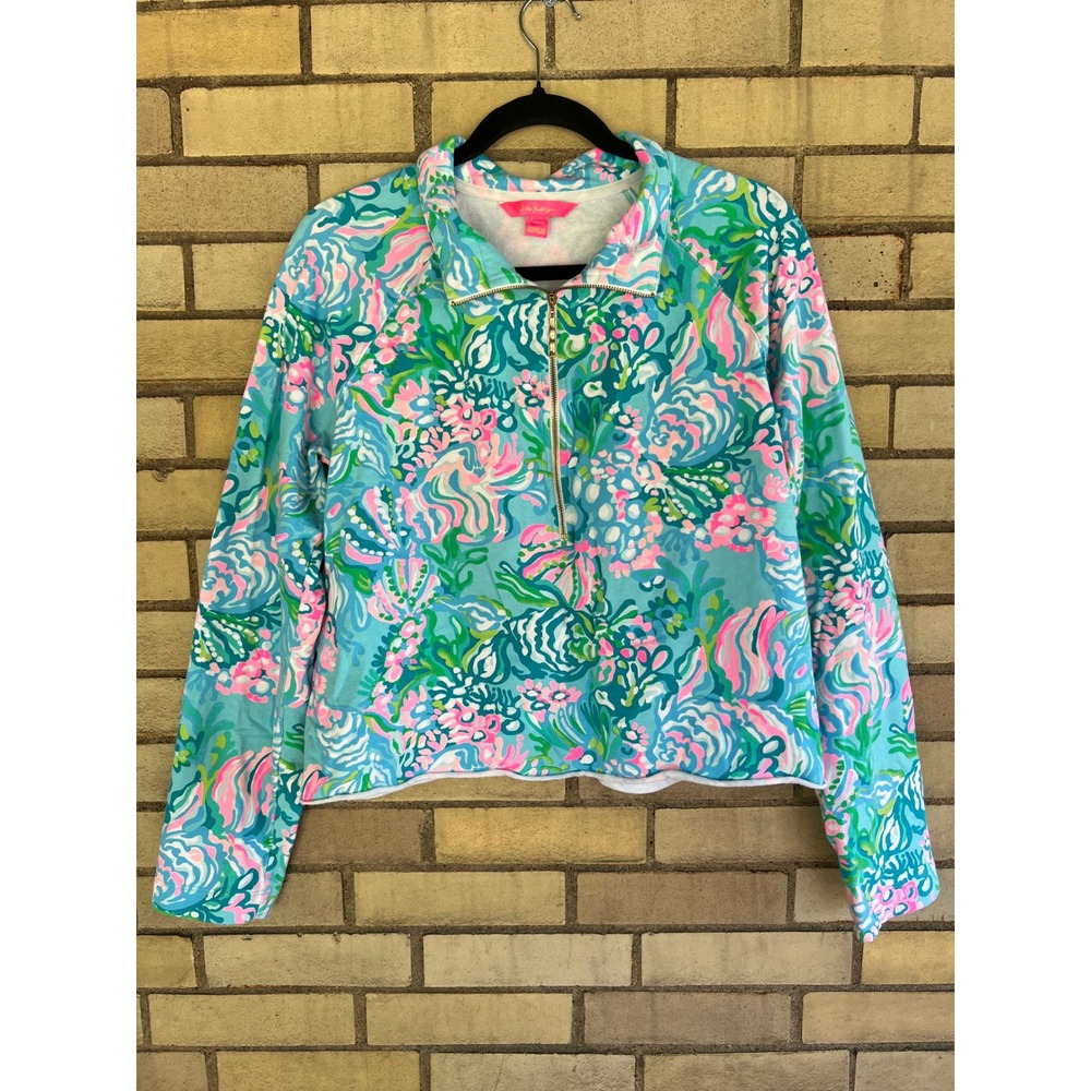 Lilly Pulitzer Quarter Zip Pullover Blue Green French Terry Crop Sweatshirt XL